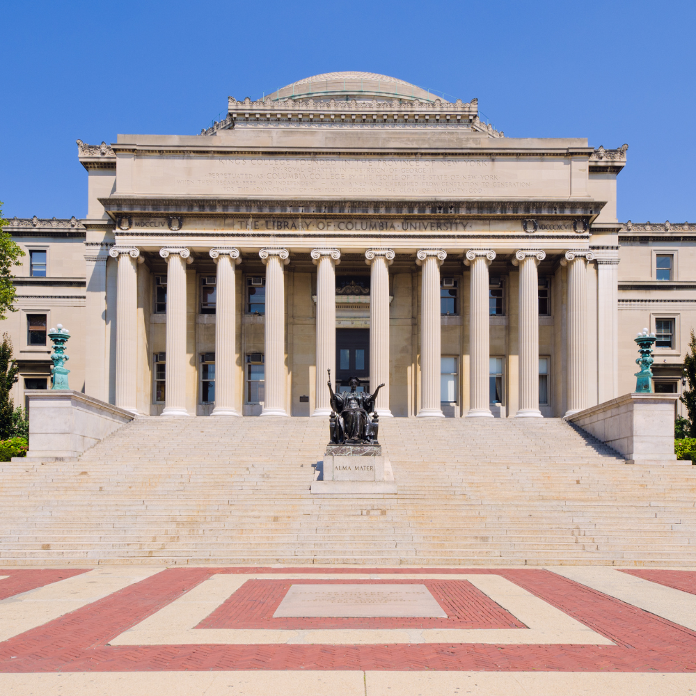 A large building with columns and statues on the steps.