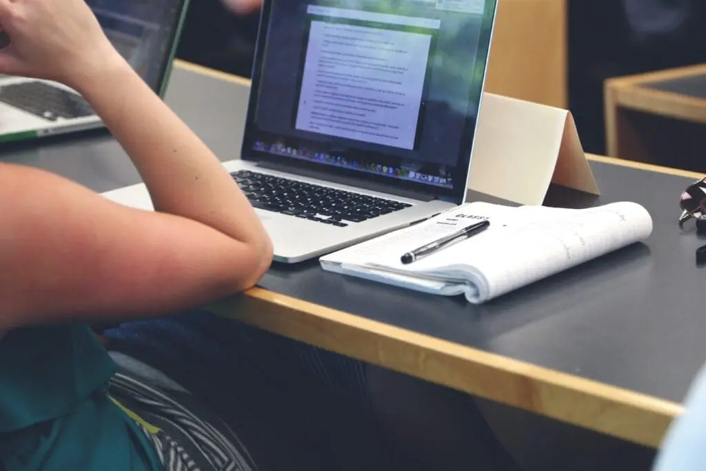 A person sitting at a desk with a laptop.