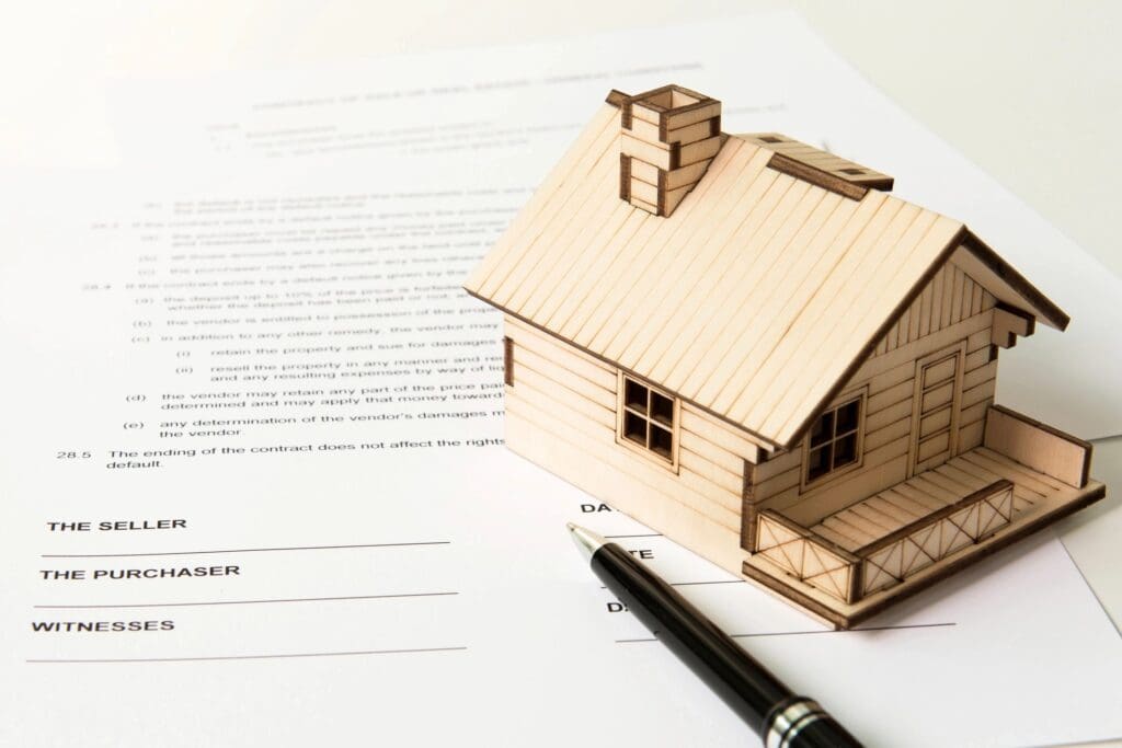 A wooden house model rests on a real estate contract with a black pen nearby, symbolizing property sale or agreement.