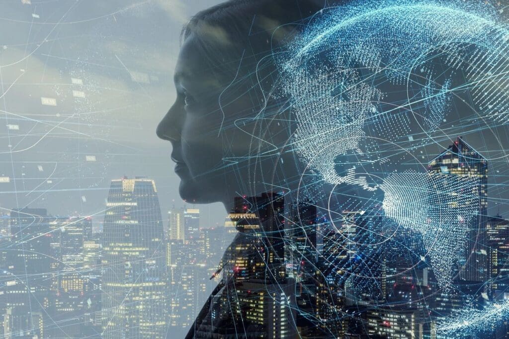 Profile of a woman overlaid with digital graphics of a brain and cityscape, symbolizing the fusion of human thought and urban technology.