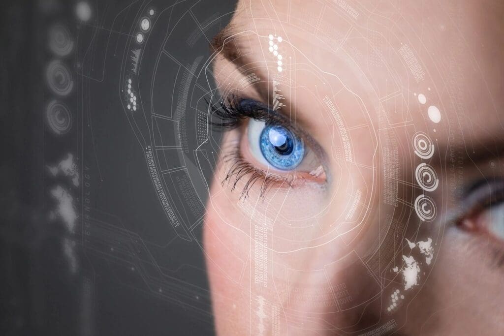 Close-up of a woman's blue eye with futuristic digital overlays and global map graphics, symbolizing advanced technology or surveillance.