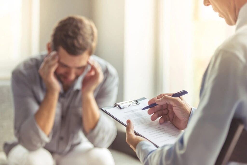 Man sitting and holding his head during an online education consultation with another person who is taking notes on a clipboard.