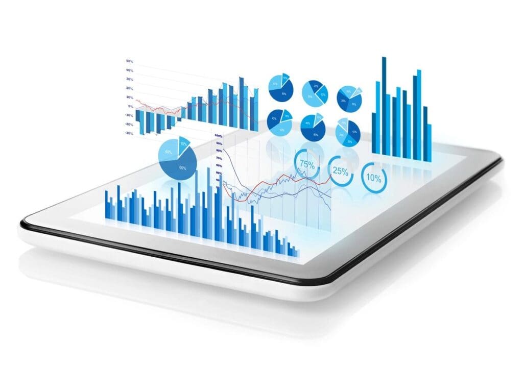 A tablet displaying various financial charts including pie charts, bar graphs, and line graphs, appearing in 3d perspective.