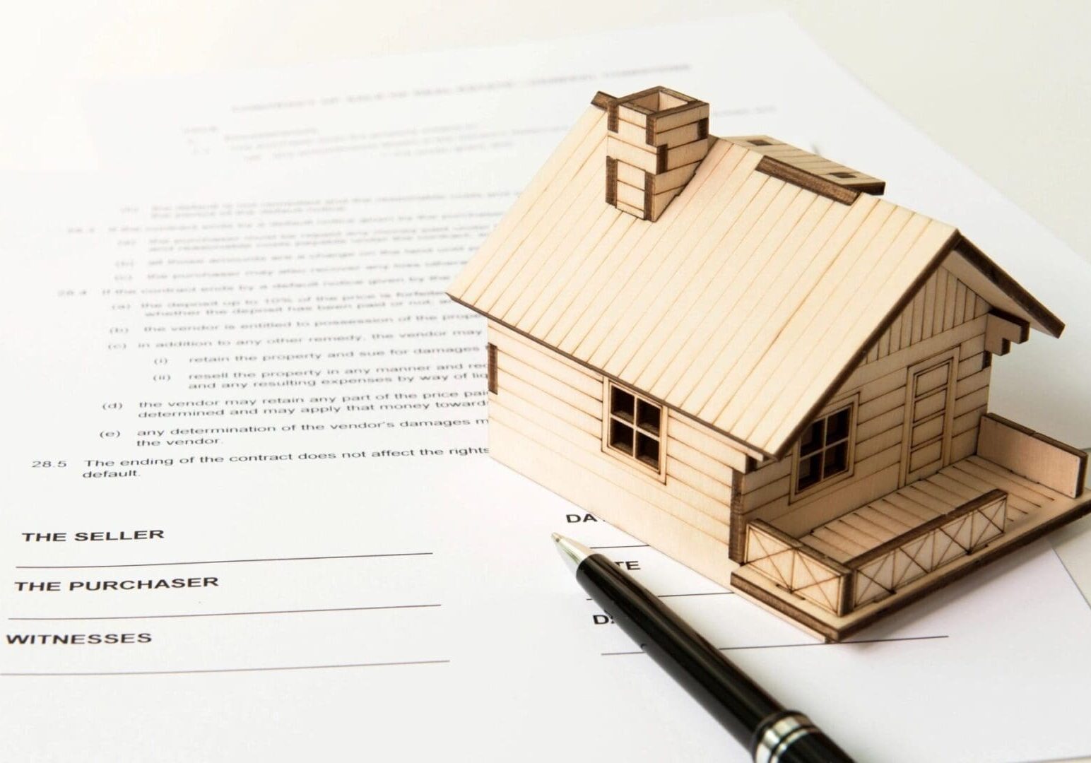 A wooden house model rests on a real estate contract with a black pen nearby, symbolizing property sale or agreement.